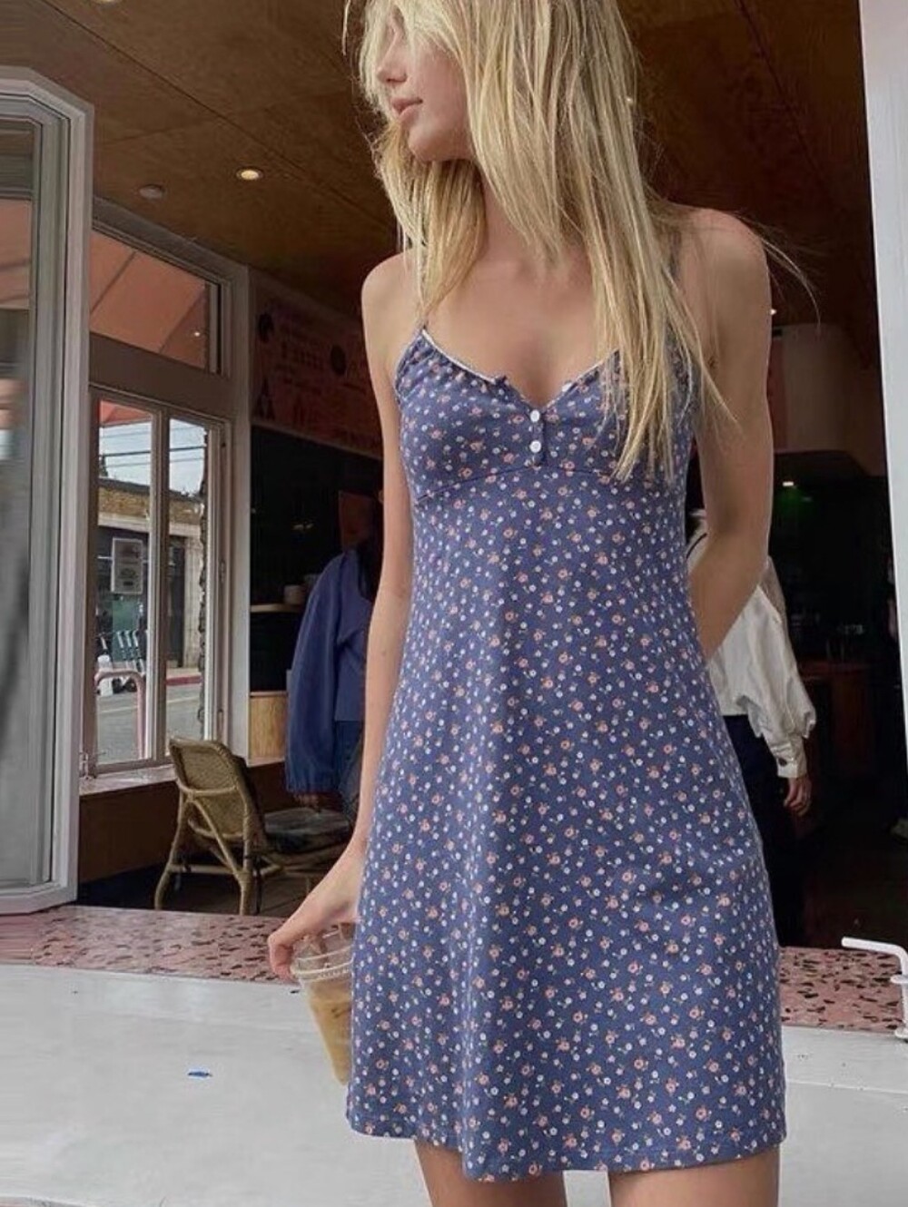 Brandy Melville Blue Ditsy Floral Arianna Spaghetti Strap Mini Dress O/S